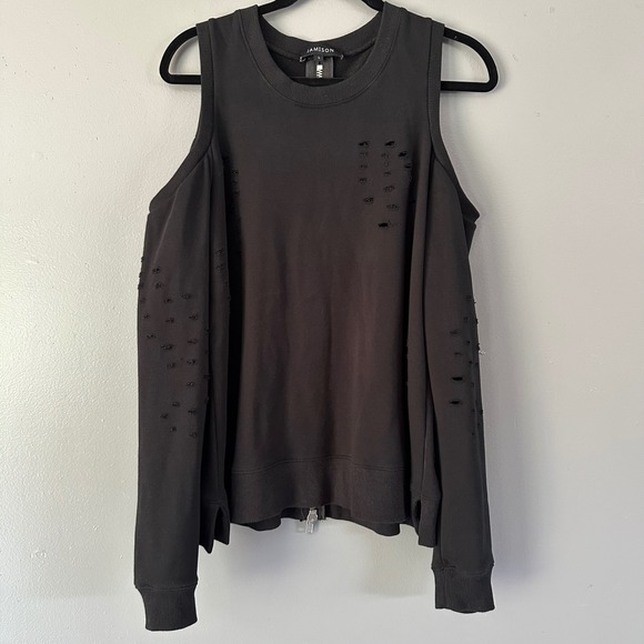 Jamison‎ Black Distressed Cold Shoulder Sweater LARGE - Picture 1 of 9